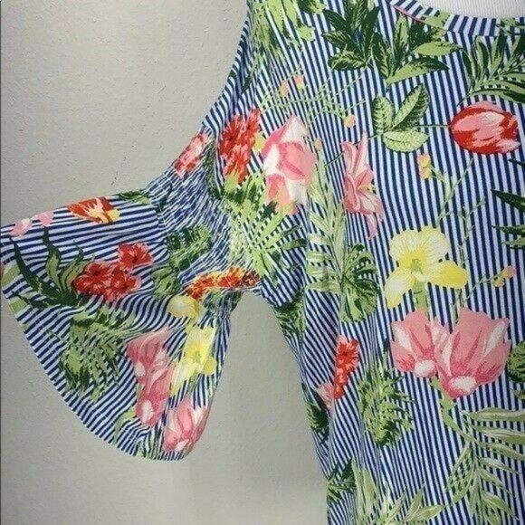 Allison Brittney Floral & Striped Blouse With Flared Sleeves Womens L‎ - Picture 4 of 9
